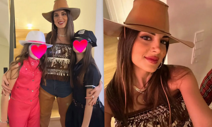 Με τα παιδιά τους σε μασκέ πάρτι, ντυμένοι cowgirl και cowboy